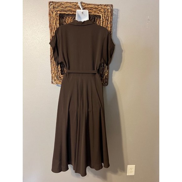 Ralph Lauren Midi Dress 2 Silky Brown Short Sleeve Belted Career Washable - Picture 4 of 10